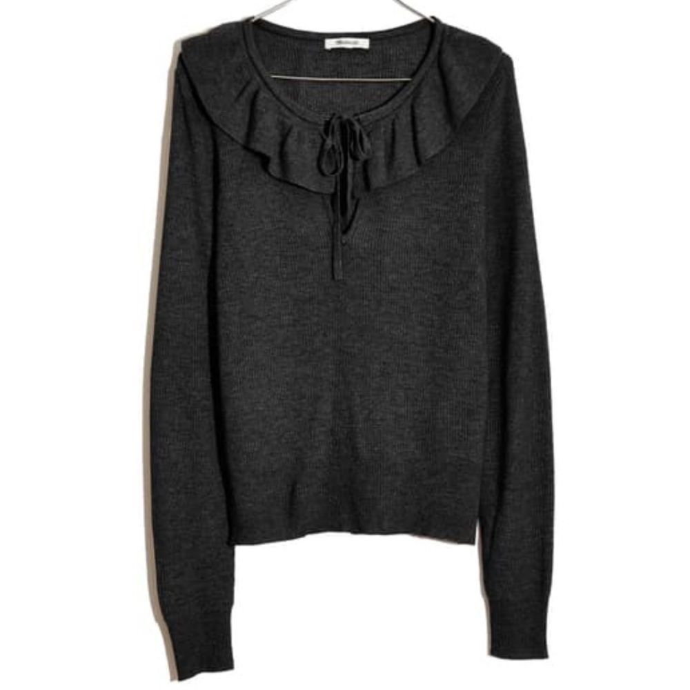 Madewell Tie Neck Ruffle Pullover Sweater Black Sm